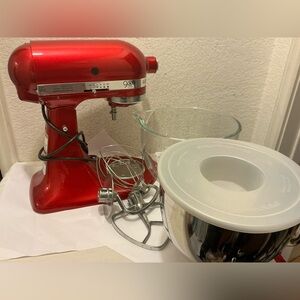 KitchenAid Red Stand Mixer with Silver and White Accessories